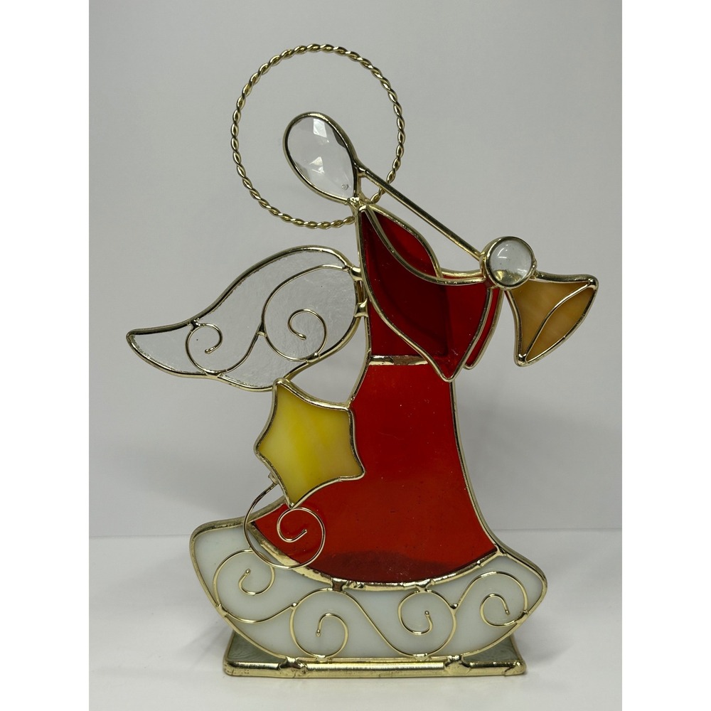 Stained Glass Angel Votive Candle Holder Red Gold Christmas Decor 6.5‎ Inch
